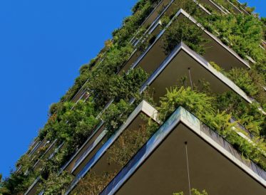 Corner of a building with plants on balconies